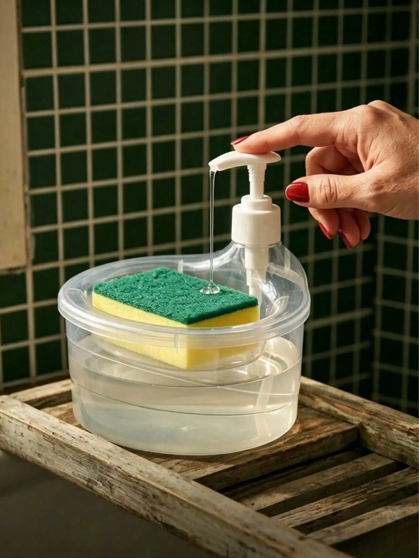 1 Manual Squeeze Bottle with Automatic Refill Dispenser, Kitchen Cleaning Tool, Kitchen Storage Solution, Suitable for Kitchen Sinks, Bathroom Decor, Fall Decorations, and Back-To-School Season, Includes Sponge Brush Set and Large Capacity Dish Soap Dispenser