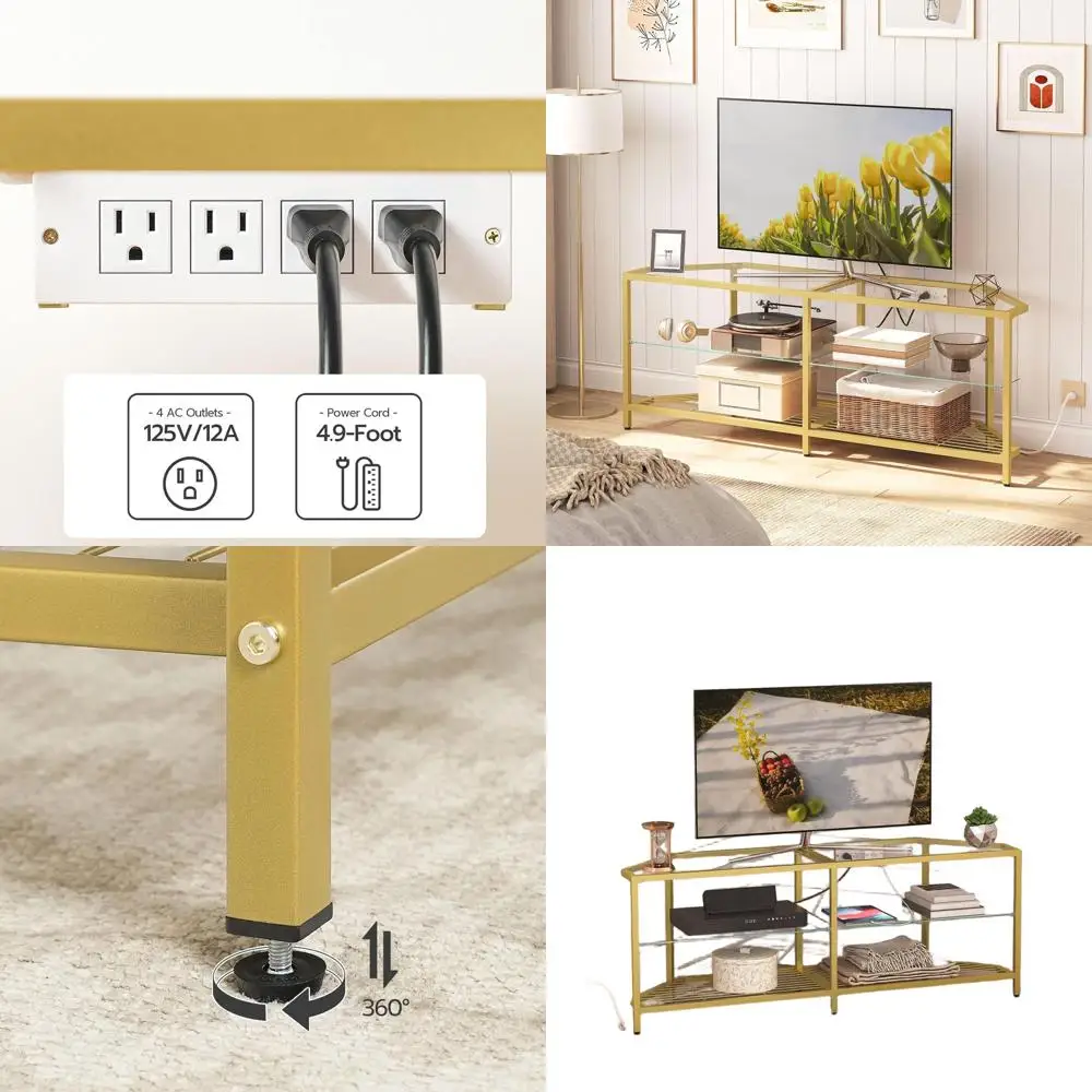 

60 TV Stand with Power Outlet, Open Shelves, Tempered Glass Entertainment Center for Living Room or Bedroom