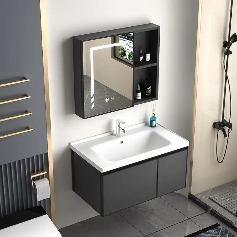 

Simple Space Aluminum Bathroom Cabinet Combination Bathroom Ceramic Integrated Washstand Rock Slab Hand Washbasin Cabinet