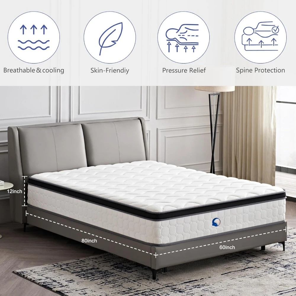 12 Inch Queen Size Hybrid Mattress - Medium Firm, Memory Foam & Pocket Springs,  Motion Isolation