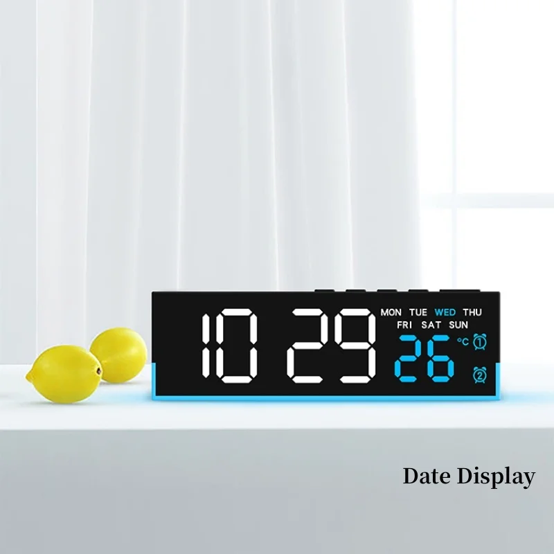 USB-betriebener digitaler Wecker mit Stimmungslicht, TEMP, Datum, Woche, 2 Alarme, automatisch dimmbar, Schlummer-Tischuhr, 12/24 Stunden, DST-LED-Uhr – Detail 6