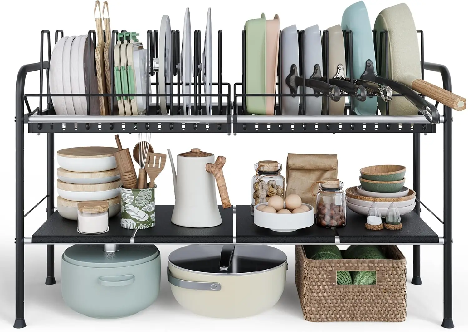 

Adjustable Under Sink Organizer, Expandable Cabinet Shelf with Pot Rack and 14 Dividers