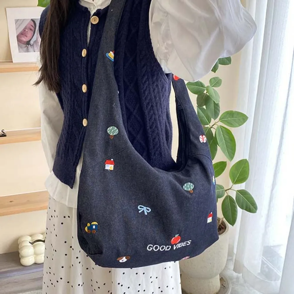 

Canvas Denim Embroidered Tote Bag Large Capacity Bow Japanese StyleShoulder Pouch Casual Polyester Women Messenger Bag Female