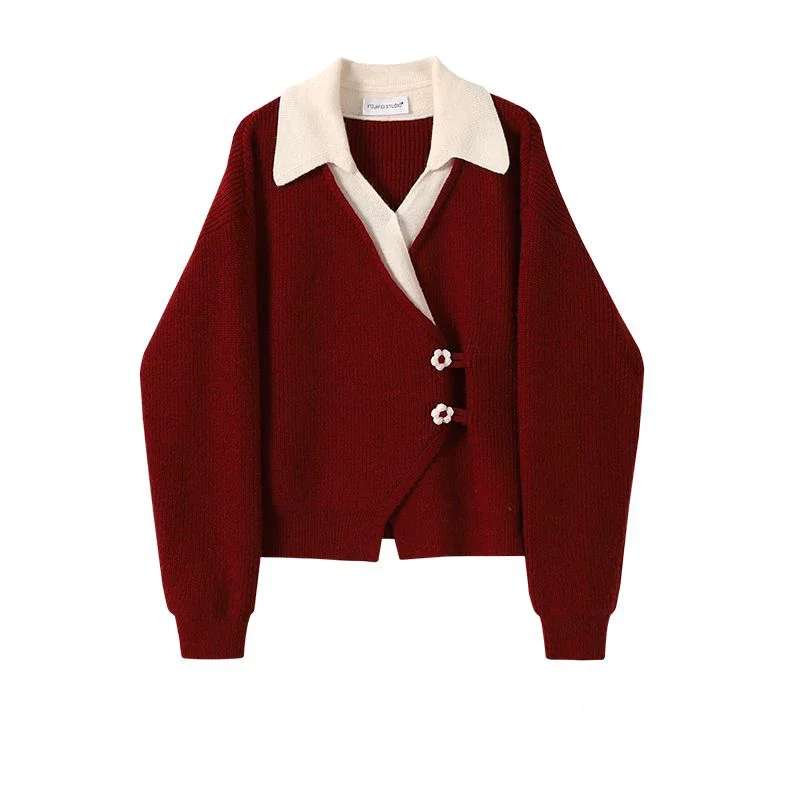 

New Chinese style buttoned red sweater jacket for women's spring new item, slimming fake two-piece knitted sweater top