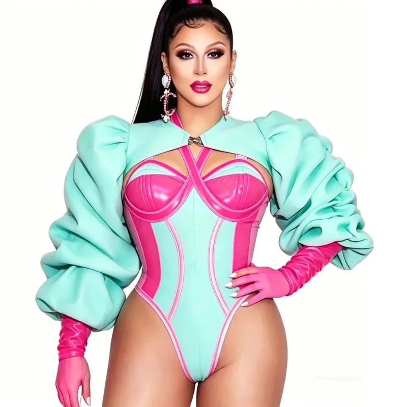 Hollow Out Color Block Bodysuit, Oversized Bubble Sleeve Dance Costume for Nightclub Rave Festival & Bar Singer Show