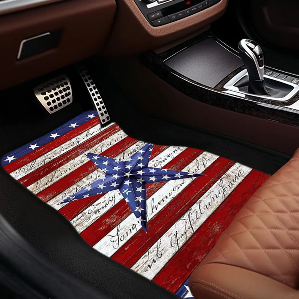 Patriotic American Flag Car Floor Mats, 5-Pointed Star Striped Design, Anti-Slip, Non-Slip, Thickened, Machine Washable, Polyest