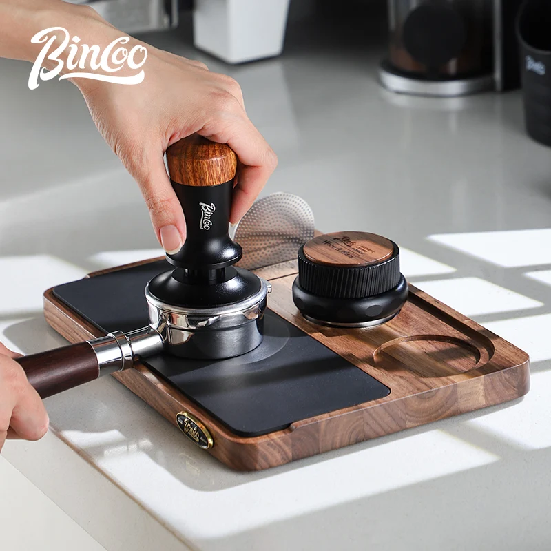 

Bincoo орех из массива дерева, прессованный порошок, коврик для кофе, верстак, доска для хранения кофейных инструментов, прямоугольная ретро-домашняя 58 мм