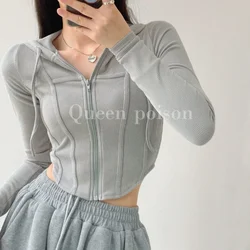 Knitted Zip Up Crop Top Slim Short Hoodies Sexy Cropped Cardigan Irregular Cut Knit Jackets Korean Fashion Female Autumn Coats