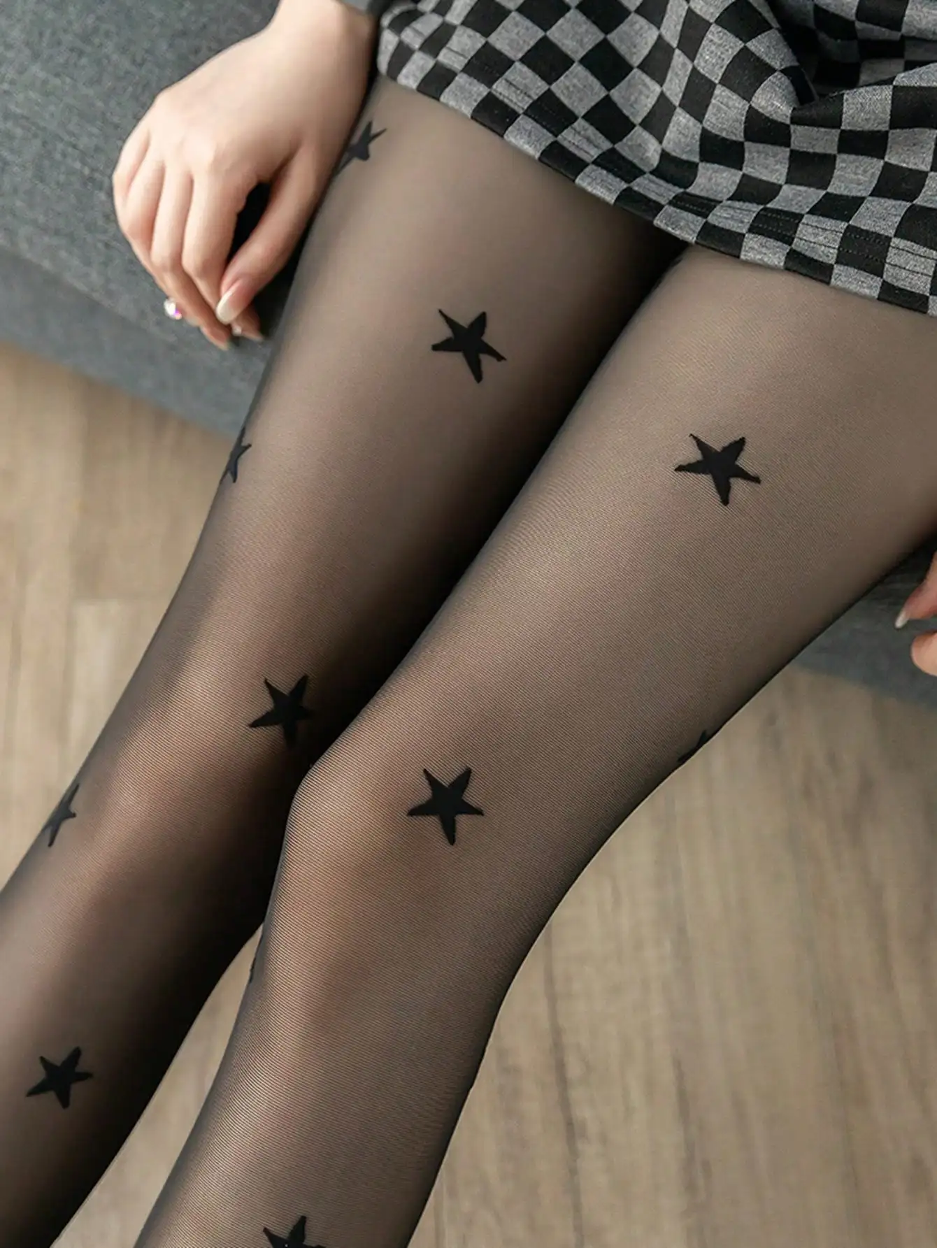 Women\'s sexy black stockings five-pointed star jacquard ultra-thin tight 20D high-stretch breathable pantyhose