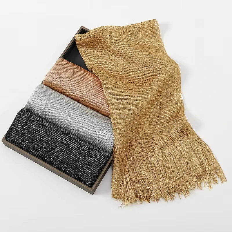 New Fashion Bright Silk Sunscreen Shawl Hijab Gold Silver Shiny Scarves For Women Lace Tassel Party Evening Dress Scarf