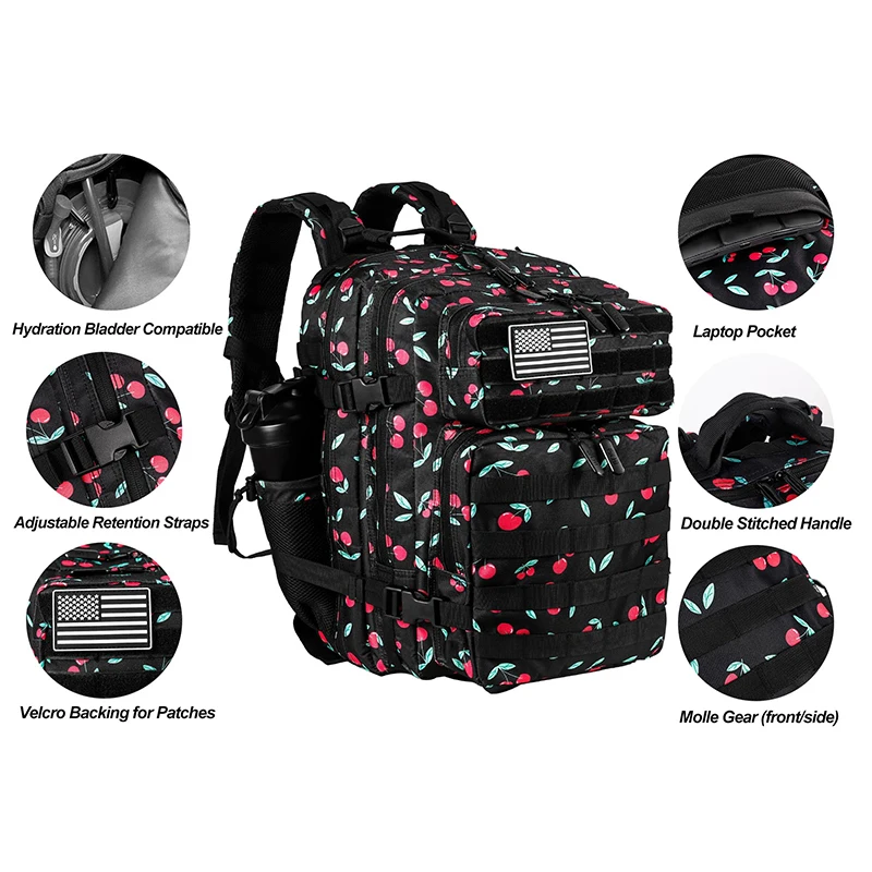 LHI 35L Tactical Athlete Backpack Cherry Waterproof Small School Bag Weekend Overnight Travel Knapsack Sports Gym Daypack