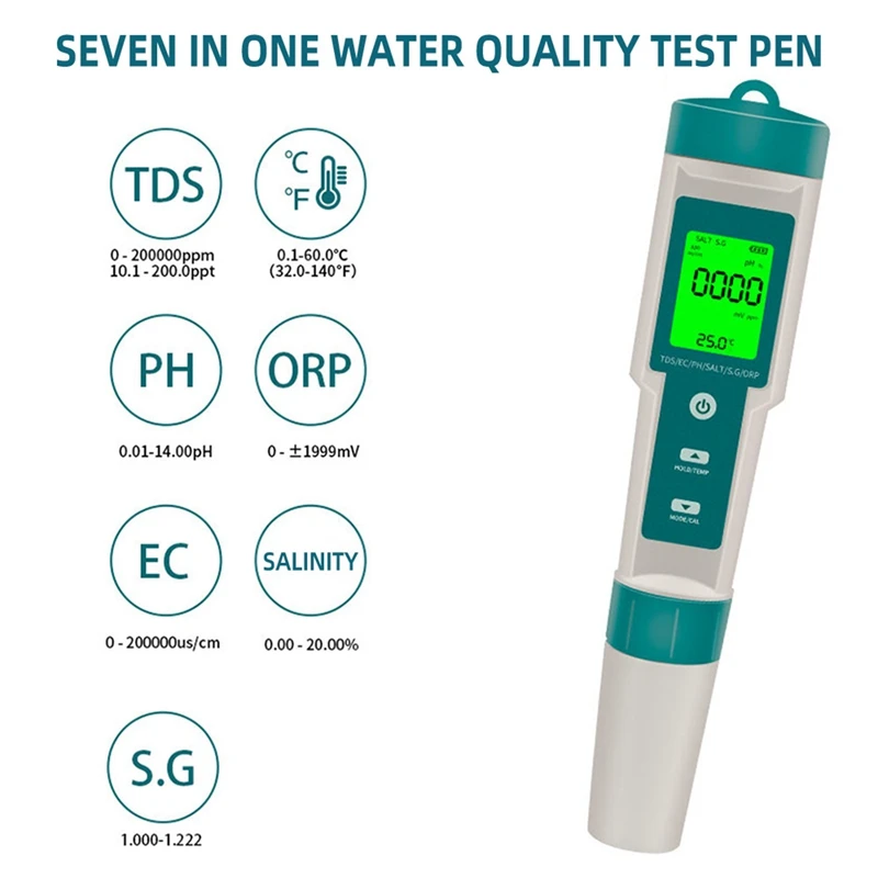 LICE-7 In 1 PH/TDS/EC/ORP/Salinity /S.G/Temperature Meter C-600 Water Quality Tester For Drinking Water, Aquariums PH Meter
