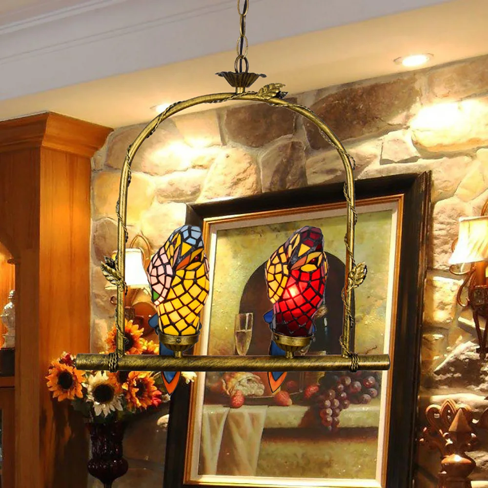 Country Parrot Chandelier Living Room Dining Room Balcony lamp Bird Corridor pendent lamp Stained Glass Hallway Ceiling Light