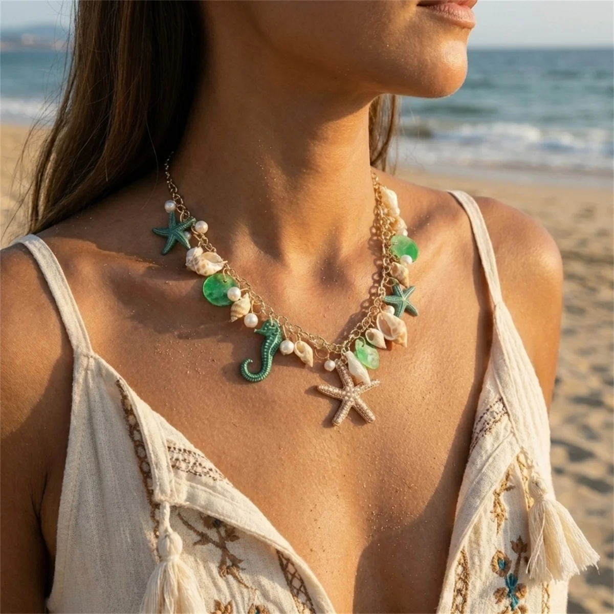 Sommerliche, extravagante, farbenfrohe Anhänger-Halskette mit Seestern, Muschel und Seepferdchen aus Kunstharz für Damen und Herren, Ozean- und Strandmotiv, Meerestier-Choker-Schmuck – Detail 14