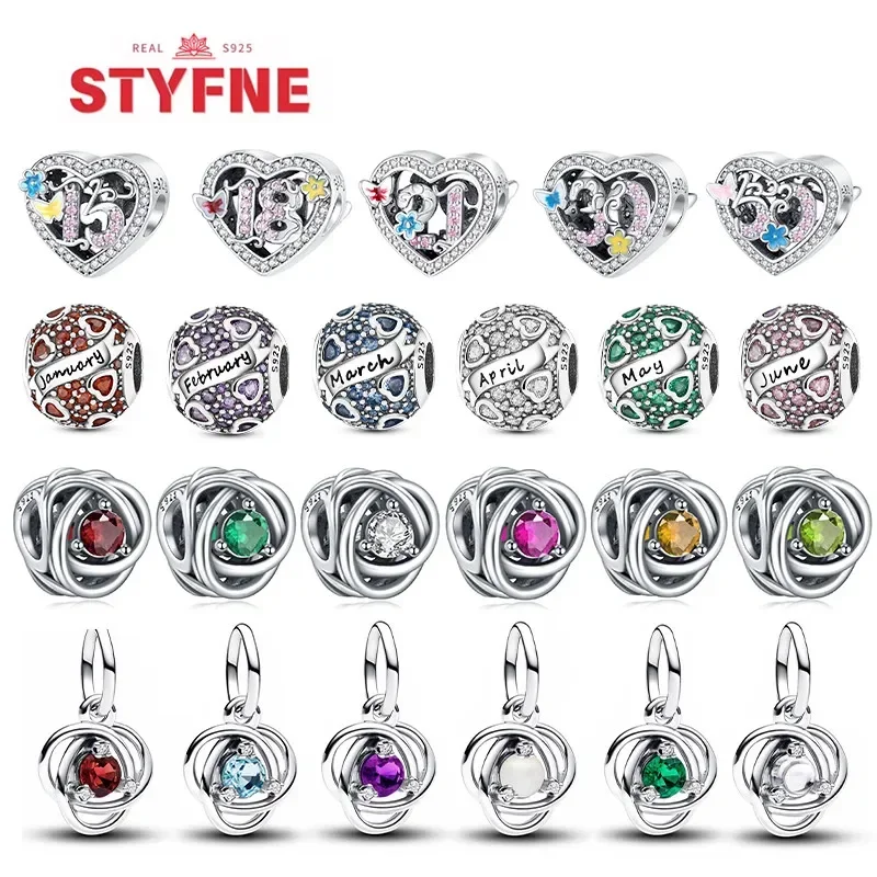 

925 Silver Twelve Month Birthstone Heart Eternity Charms Beads Pendant Fit Original Bracelet for Women Fine Jewelry Diy Gifts