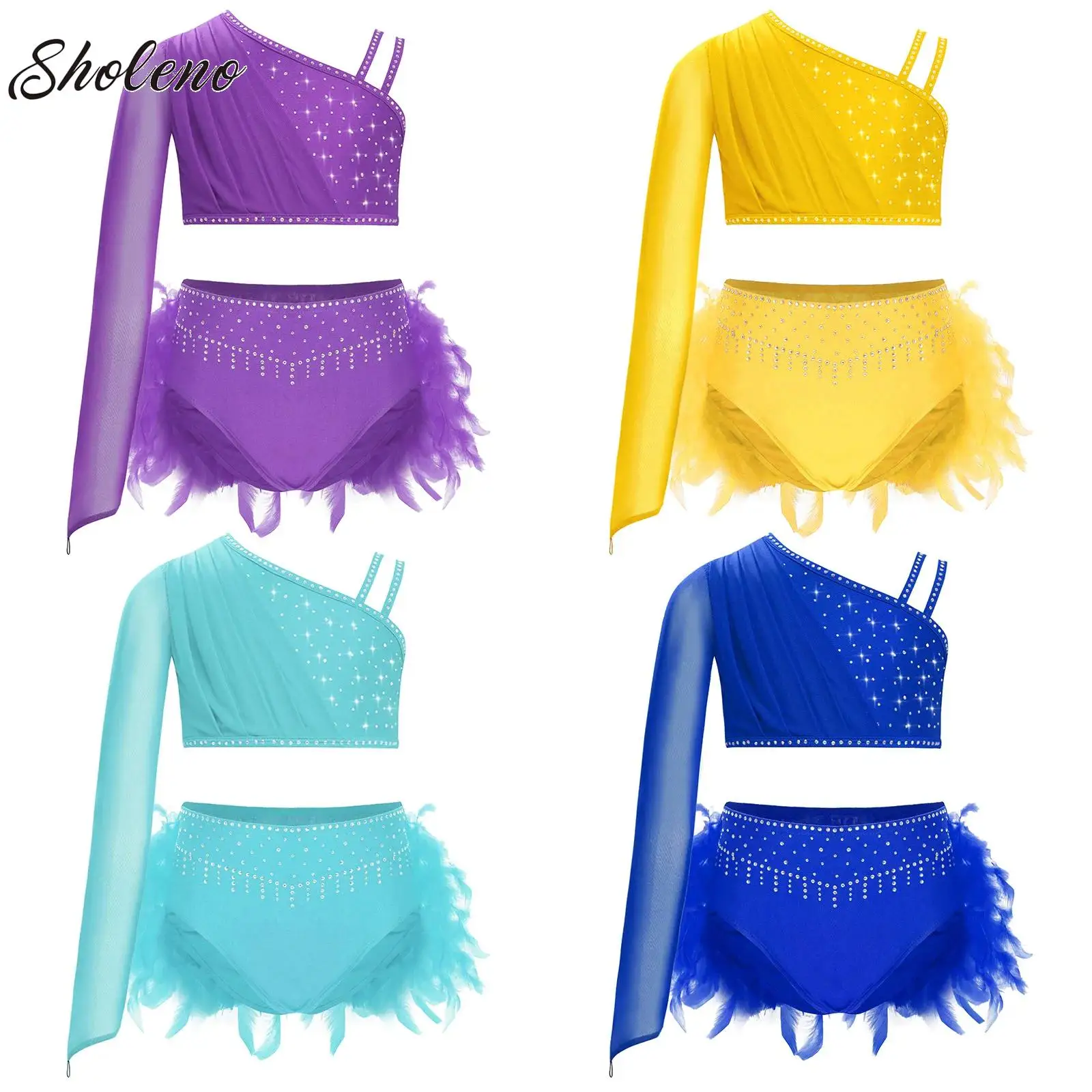 

Girls Glittery Rhinestones Lyrical Ballet Dance Dance Outfit Rhythmic Gymnastics Athletic Activewear Set Competition Performance