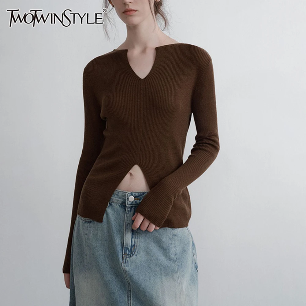 

TWOTWINSTYLE Pullover Sexy Sweaters For Women V Neck Long Sleeve Knitting Temperament Split Sweater Female Clothing Fashion