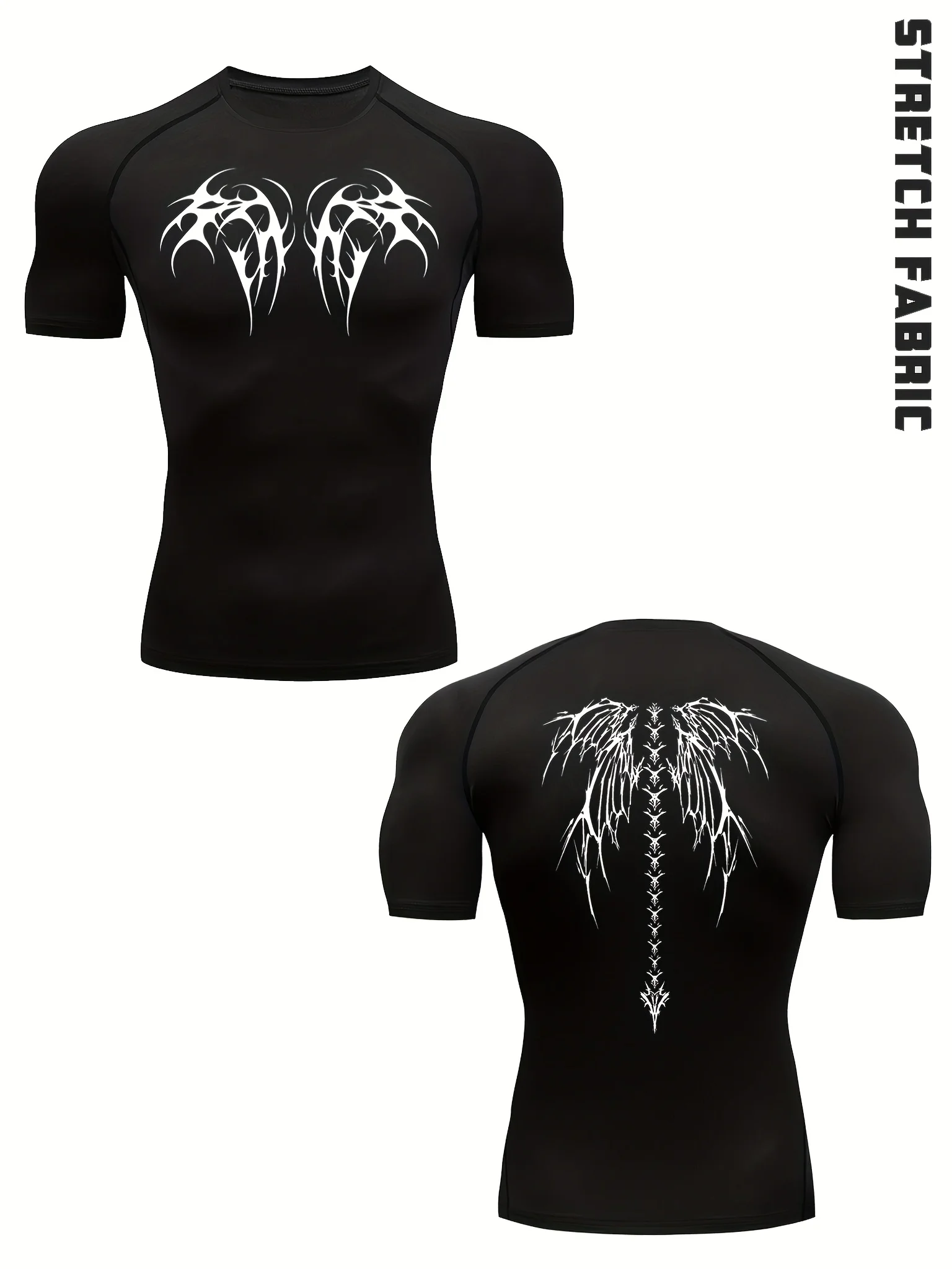 

Men's Gothic Shadow Wings Compressed Shirt - Stretch Fabric, Embroidered Tattoo Art, Fitness and Fitness Training Tops