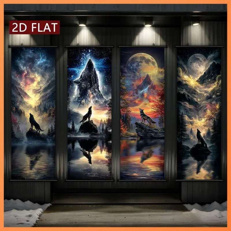 VIKAMA Cosmic Wolf Peak Wall Tapestry Milky Way Full Moon Lake Reflection Forest Dreamy Scroll Art Home Decor Soft Durable Cozy