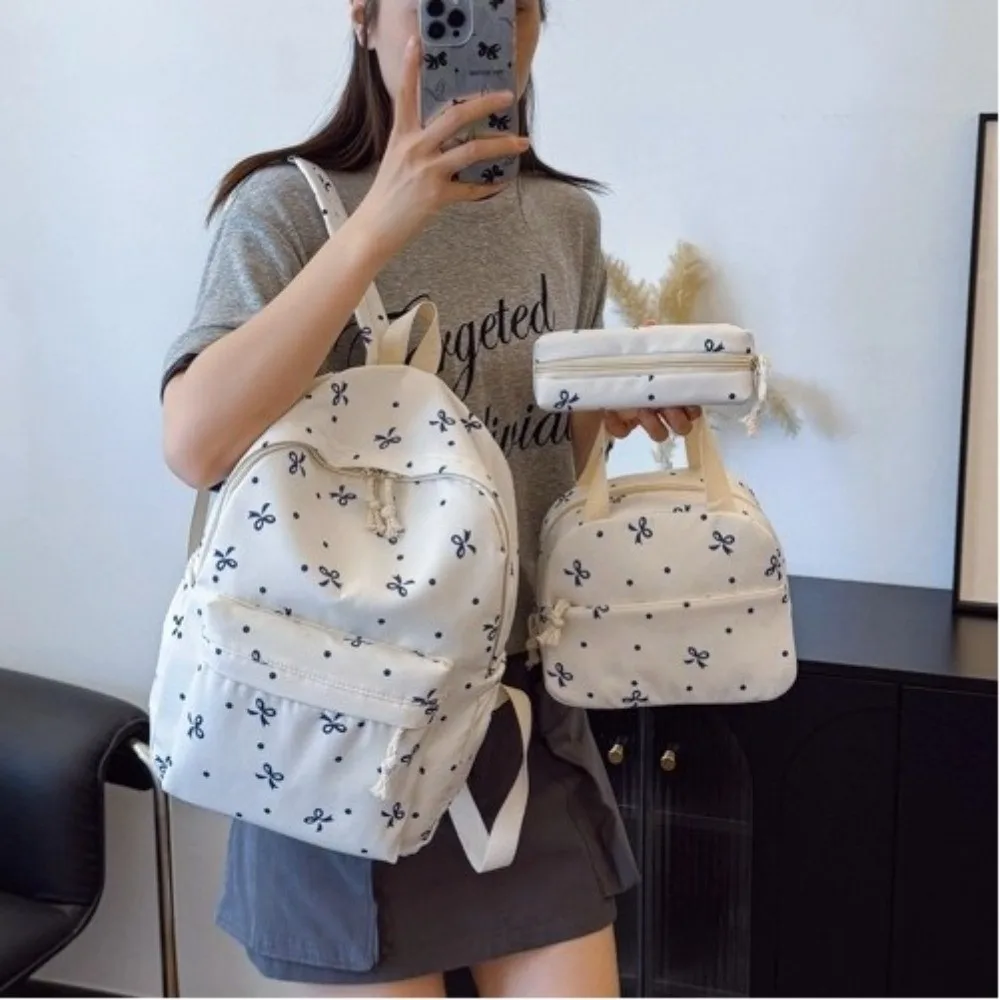 3-delige rugzakset met stippen en strik, meerdere zakken, schoolrugzak met grote capaciteit, verstelbare bandjes met lunchtas, etui