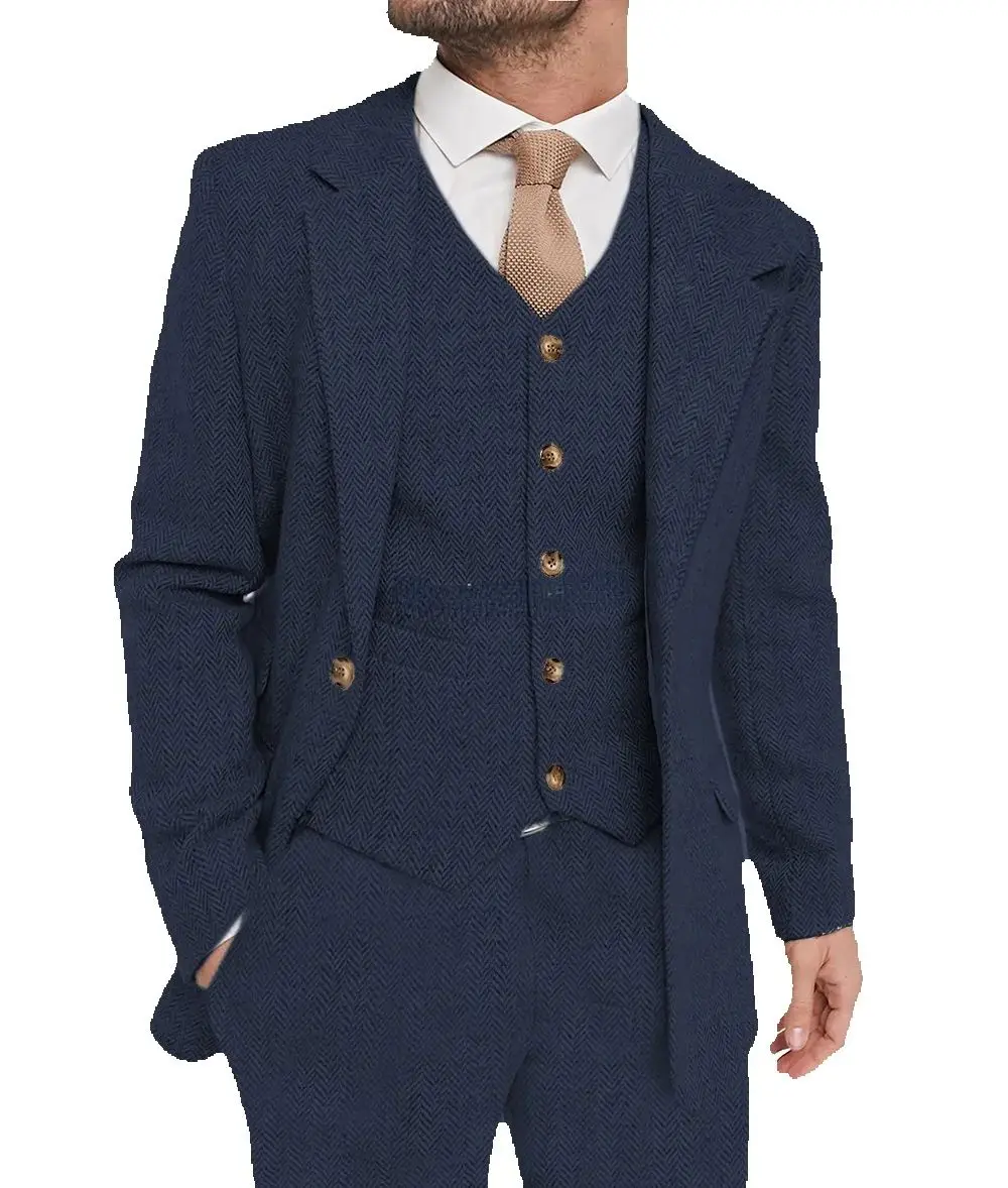 

New 3 Piece Herringbone Tweed Men Suits for Winner 2025 Notched Lapel Wedding Groomsmen Tuxedo Slim Male Suit(Blazer+Vest+Pants)