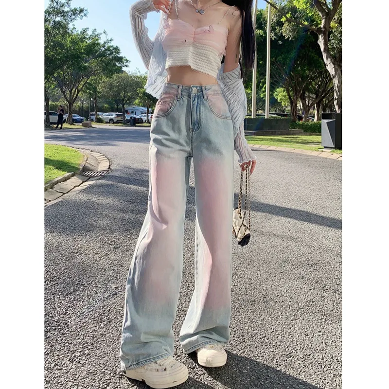 Blush gradual change jeans retro high waist straight pants loose wide leg pants trousers y2k pants jeans blue jeans for women