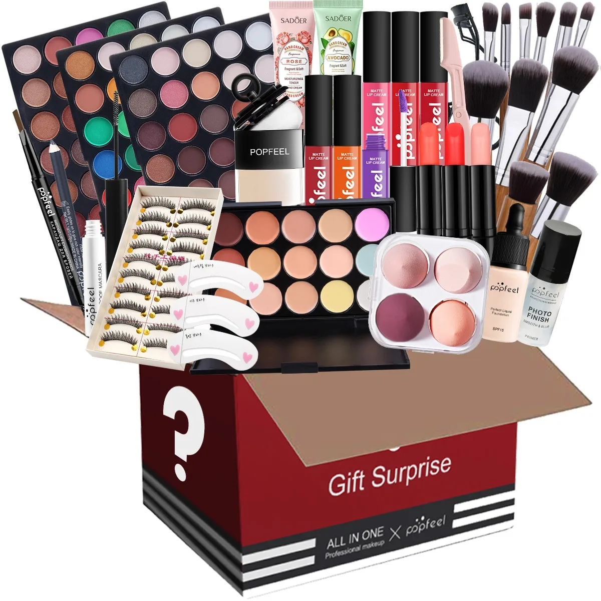 Make-up-Box-Set, kosmetische Geschenk box Lidschatten Eyeliner Augenbrauen stift Lippenstift Lip gloss Primer Foundation lose Puder pinsel Puff