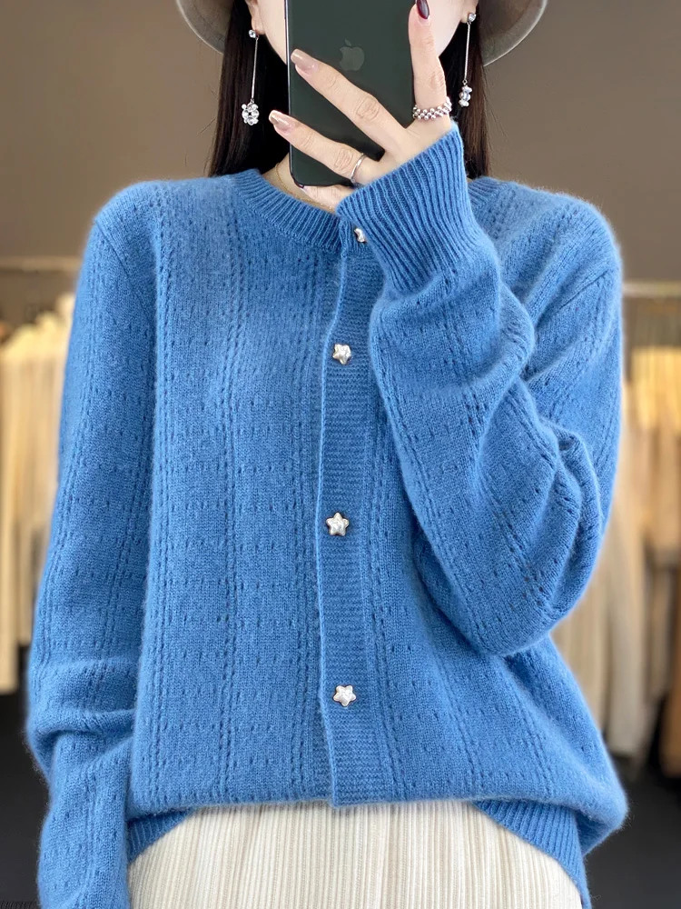 2023 New Autumn Winter Thick Cardigan For Women 100% Merino Wool Sweater Hollow O-Neck Long Sleeve Warm Cashmere Knitwear Tops