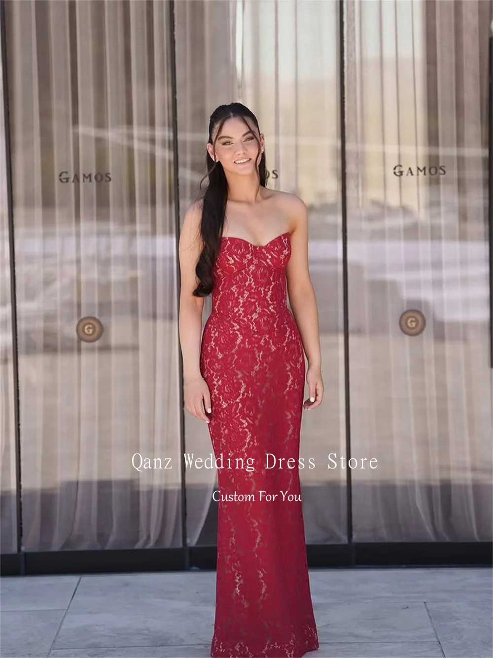Qanz الدانتيل الأحمر يزين فساتين لحضور الحفلات الموسيقية الحبيب حورية البحر مثير فستان حفلات الزفاف مشد الظهر فساتين السهرة الرسمية حسب الطلب #5