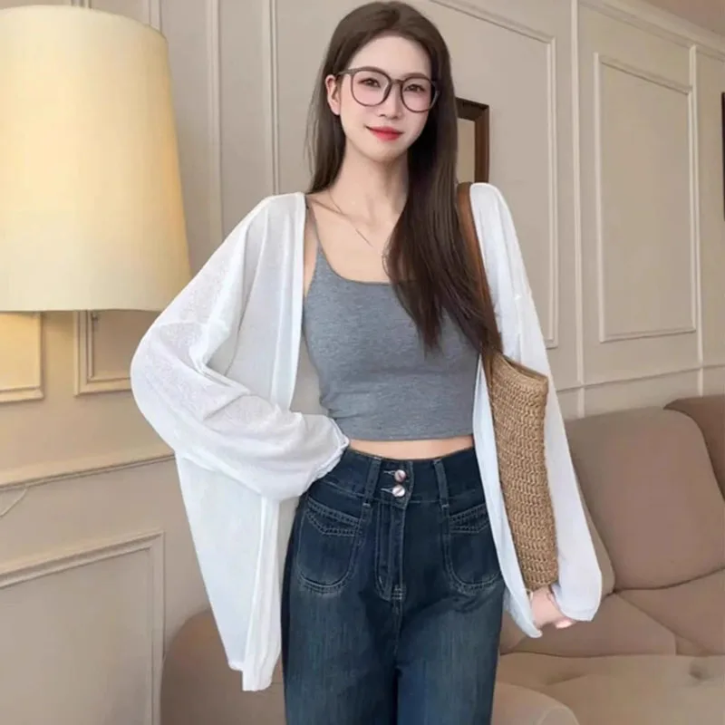 

2024 New Thin Long Sleeve Knitted Cardigan Women Korean Loose Sun Protection Knitwear Coat Solid All-Match Woman Clothes Tops