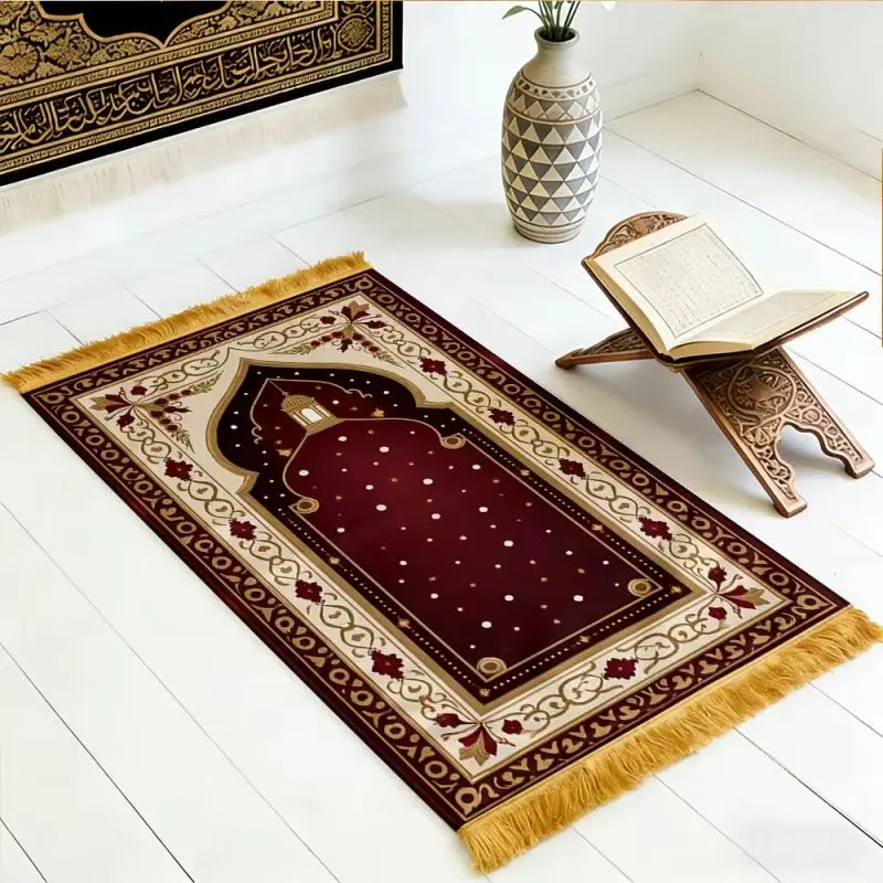 VIKAMA Burgundy Floral Mosque Sejadah Prayer Mat Golden Fringed Foldable Portable Alfombra Muslim Salat Home Worship Rug
