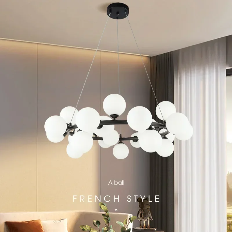 Modern White Glass Ball Black Gold Chandelier Simple Bubble Hanging Lights Living Room Bedroom Restaurant Bookstore Lighting