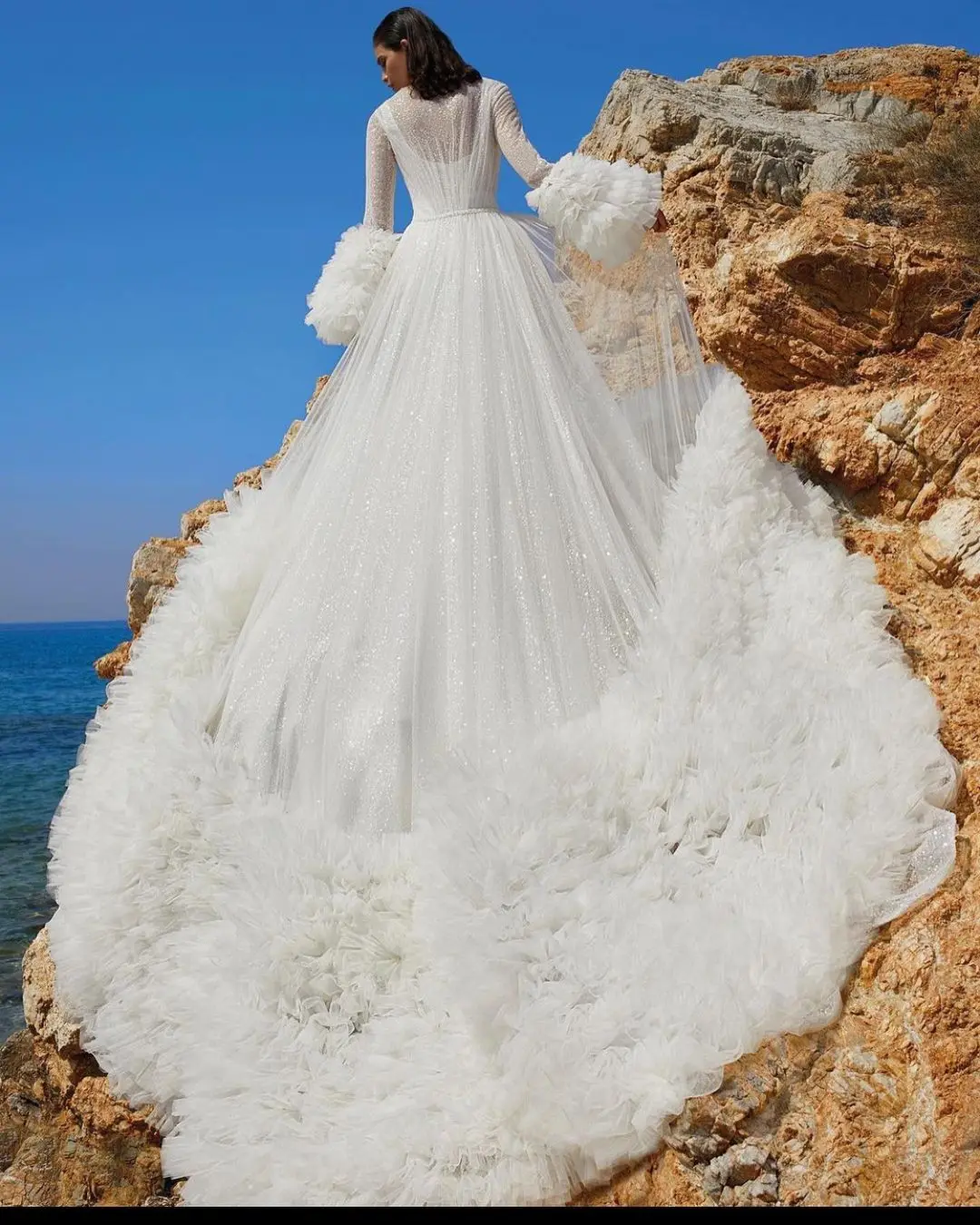 Elegante Brautkleider, Rüschen, Puffärmel, Tüll, Illusion, Brautkleider, nach Maß, Sweep-Zug, Robes De Mariée