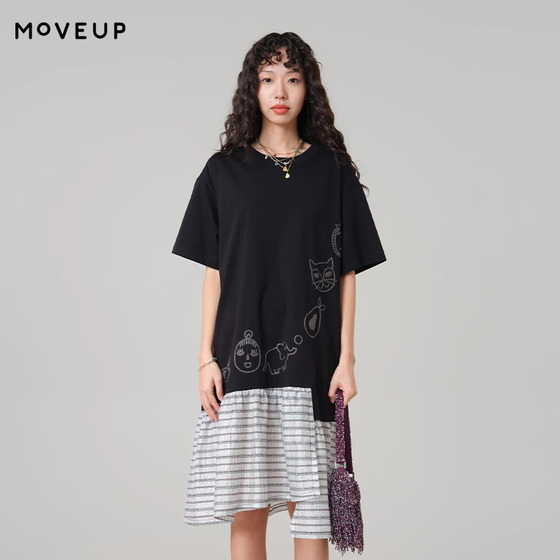 MOVEUP Crew Neck Knit Midi Dress Cartoon Animal Embroidery Striped Asymmetrical Ruffle Hem Loose Cool Fabric Dresses 3ELX11323