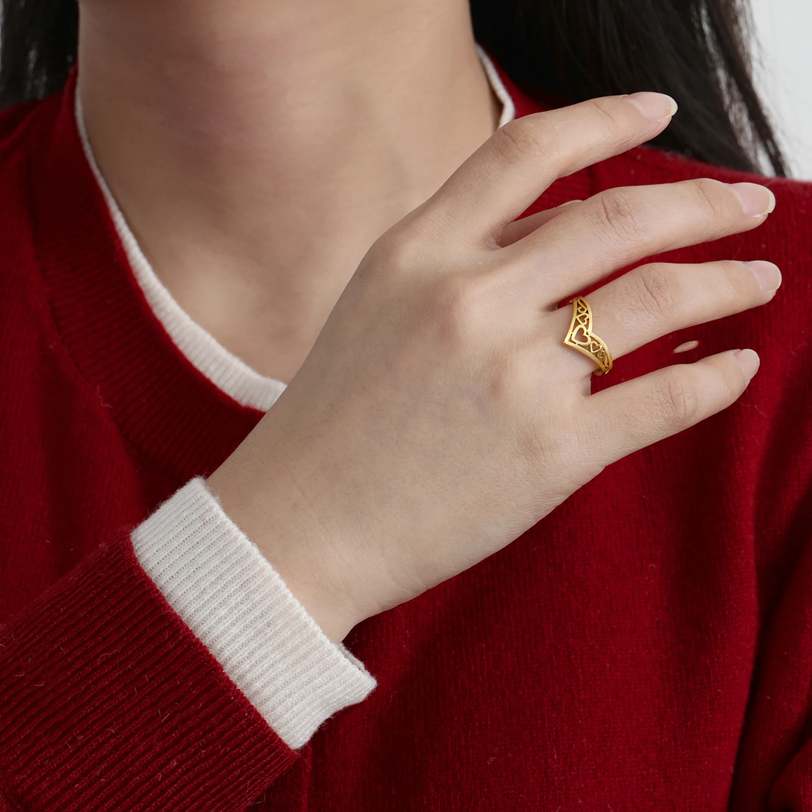 Cazador-Bagues coeurs creux esthétiques pour femmes et filles, bague réglable en or, bijoux en acier inoxydable, cadeaux de mariage, document