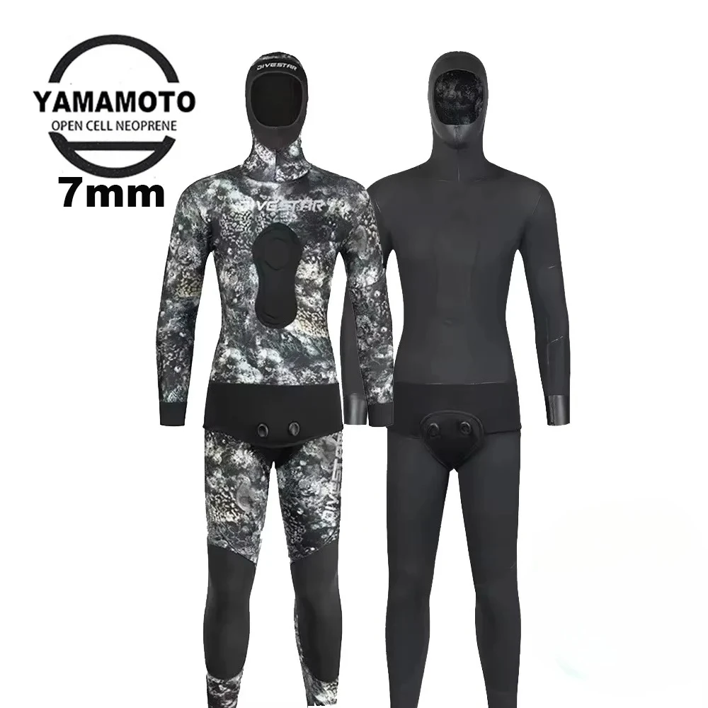 7mm Wetsuit Spearfishing Open Cell Neoprene Freedive Scauba Diving  Hoodie Camouflage  Blind Sewing Two Piece
