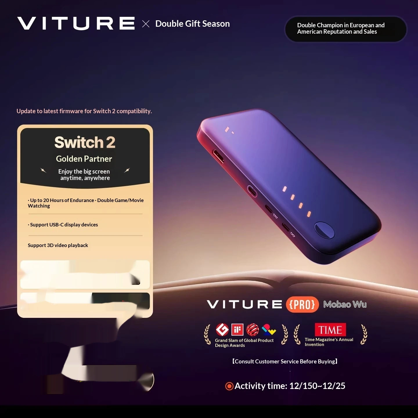 VITURE Mobile DockPro 20H Battery Dual-View 2P Gaming 3D Cinema Support USB-C Display Devices 3D Video Playback for Switch/Steam