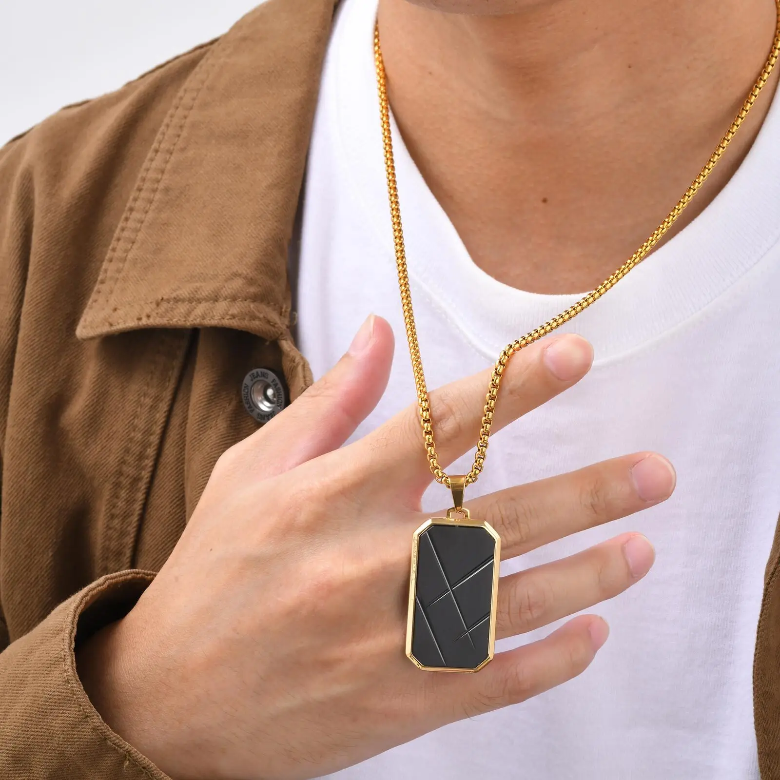 Stylish Dog Tag Necklaces for Men Boys,Stainless Steel Square Pendant Necklace,Punk Jewelry Father Gifts