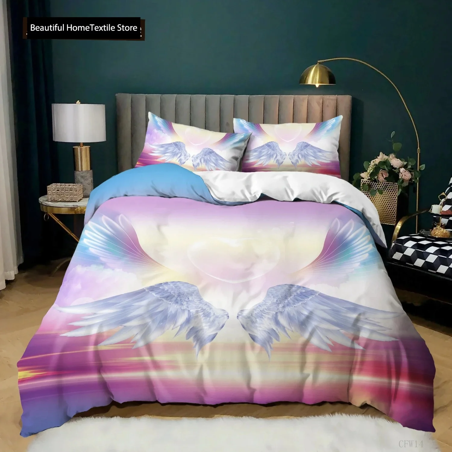 Angel Wings Duvet Cover Set Black Background Bright Orange Wing 3D Print Comforter Cover King Queen Size Polyester Bedding Set