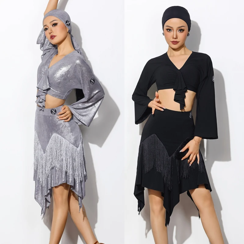 

Adults Chacha Latin Dance Costumes For Women'S Bat Sleeves Top Tassels Skirt Ballroom Dance Stage Professional Clothes DQS19992
