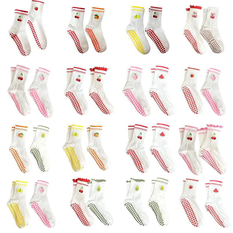 

Европейские размеры 36–43, 2 пары носков для йоги с фруктовой вышивкой, длиной до середины икры и нескользящей подошвой для женщин и детей