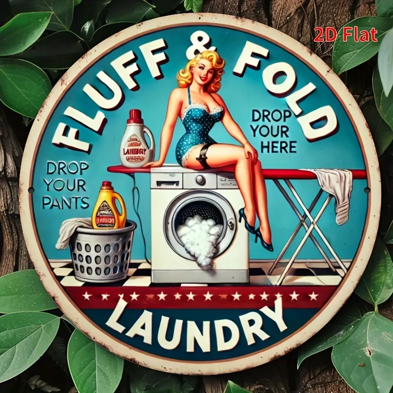 مسطح ثنائي الأبعاد، قطعة واحدة من ديكور الحائط المعدني لغرفة الغسيل العتيقة - آلة الغسيل الرجعية وتصميم المنظفات مع نص "إسقاط السراويل الخاصة بك هنا".