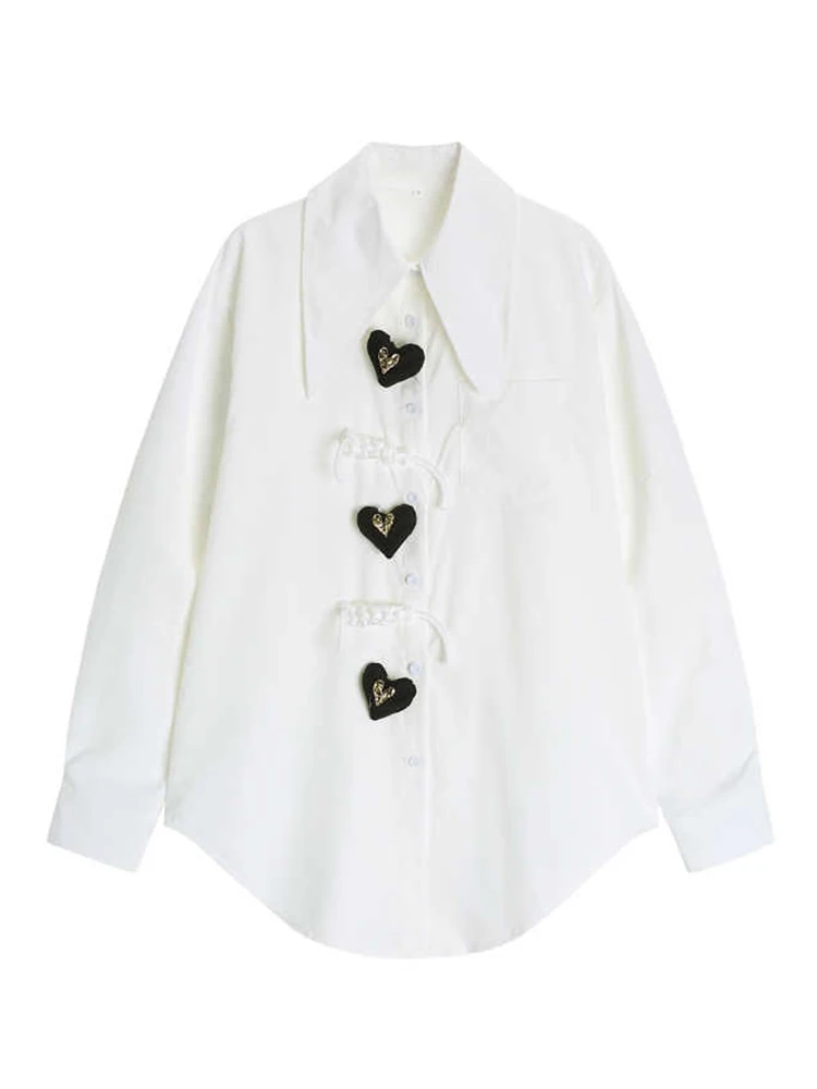 

Retro design, color blocking, irregular heart-shaped long sleeved shirt, women's spring and autumn loose and lazy style top