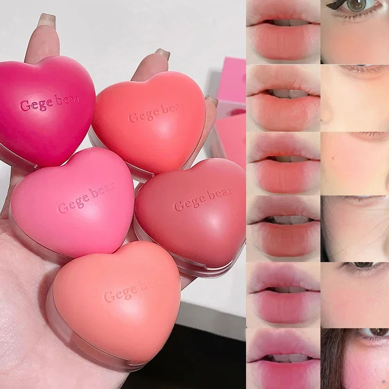 1Pc Heart-Shaped Lip and Cheek Dual-Purpose Lip Mud Lipstick Natural All-match Matte Monochrome Blush Cream with Brush Wholesale