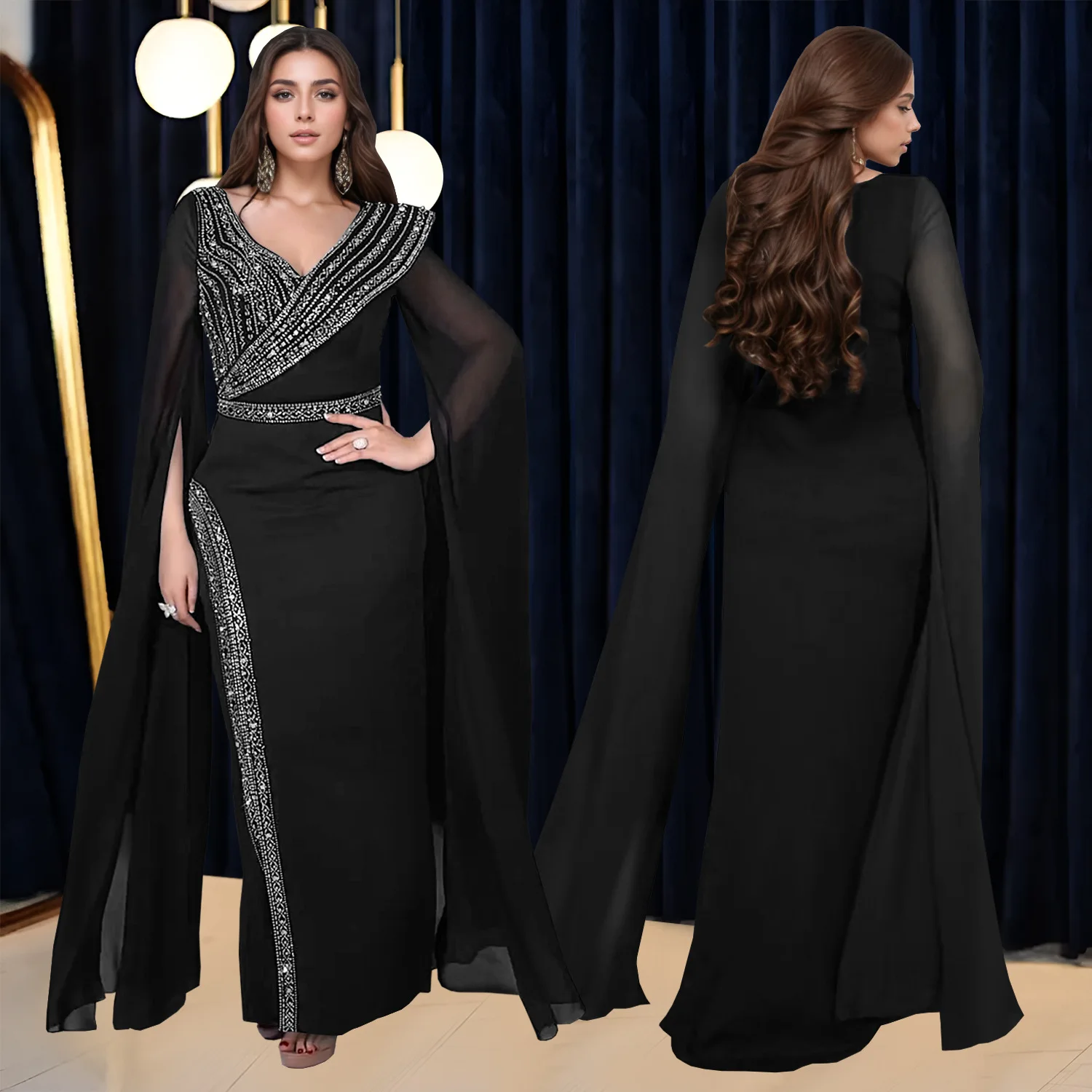 ชุดราตรีคอวีประดับคริสตัล แขนยาว สไตล์ยุโรปและอเมริกา สำหรับผู้หญิง ให้ลุคสง่างาม