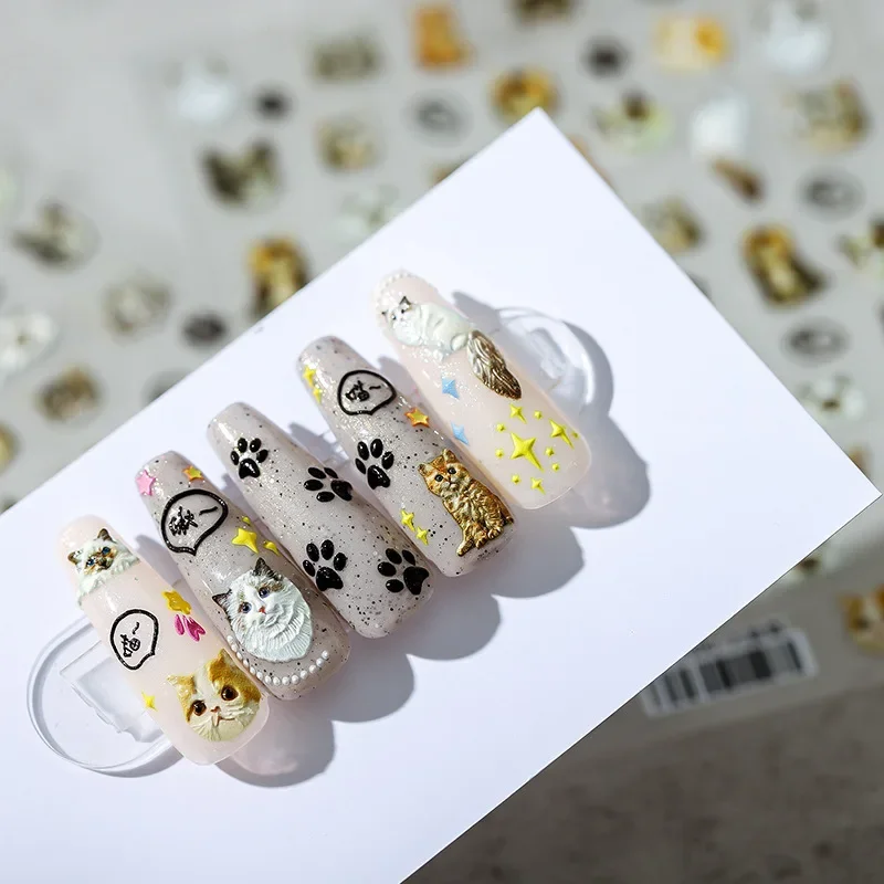 Auto-adesivo Nail Art Decorações Adesivos, 5D bonito do gato, macio relevo relevos, adoráveis decalques 3D unhas, atacado, Dropshipping