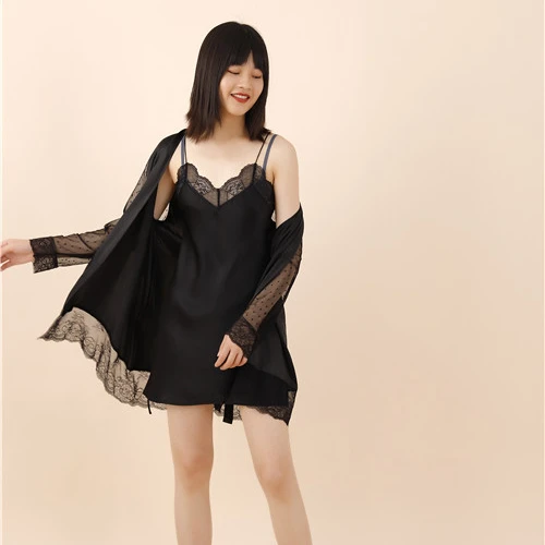 2021 luxury designer 100% silk black lace slip dress with matching rob pajama set sleepwear nightwear for lady and girl