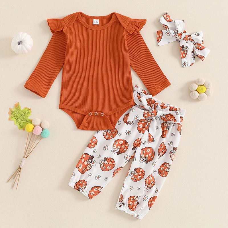 

VISgogo Baby Girls Halloween Outfit Ribbed Long Sleeves Romper and Elastic Pumpkin Flower Print Pants Headband 3 Piece Clothes