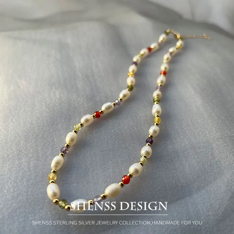 Natural Freshwater Rice Pearl, Rice Pearl, Zircon Necklace, Solid and Candy Colors