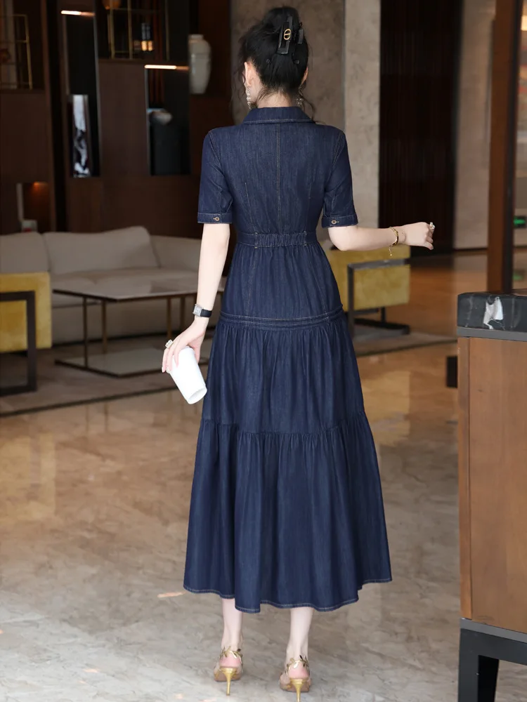 Vestido Jeans Feminino TIYIHAILEY 100% Algodão Longo até a Panturrilha com Botões, Gola Dobrável e Manga Curta para o Verão, Tamanhos M-4XL 2026